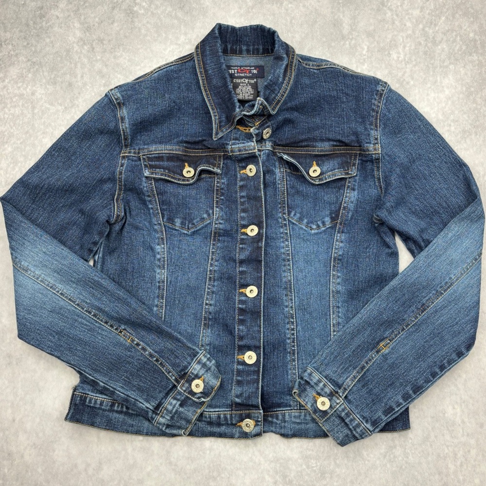 C'est Toi Jacket Womens Large Blue Denim Trucker Jean Stretch Button Down Fitted